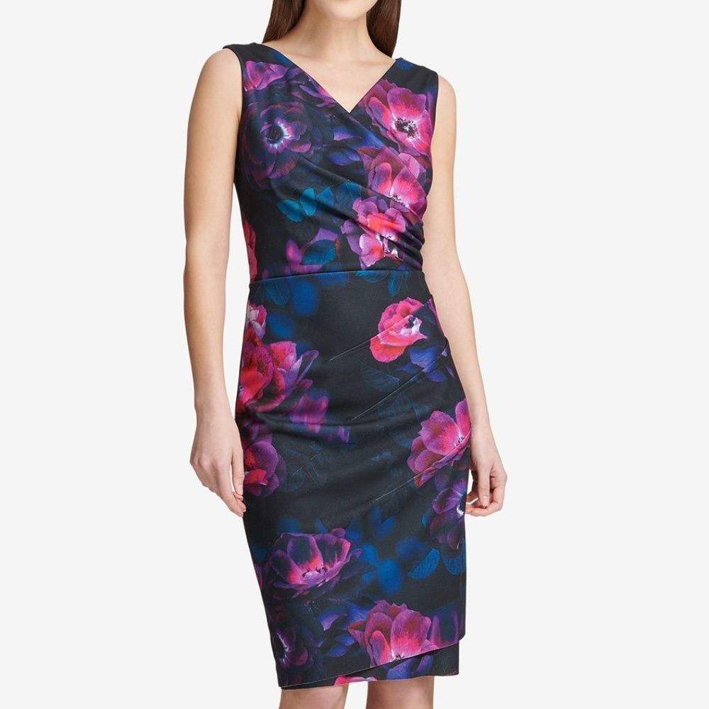 DKNY Multicolor Floral Ruched Sleeveless Scuba Sheath Dress‎ Size 2